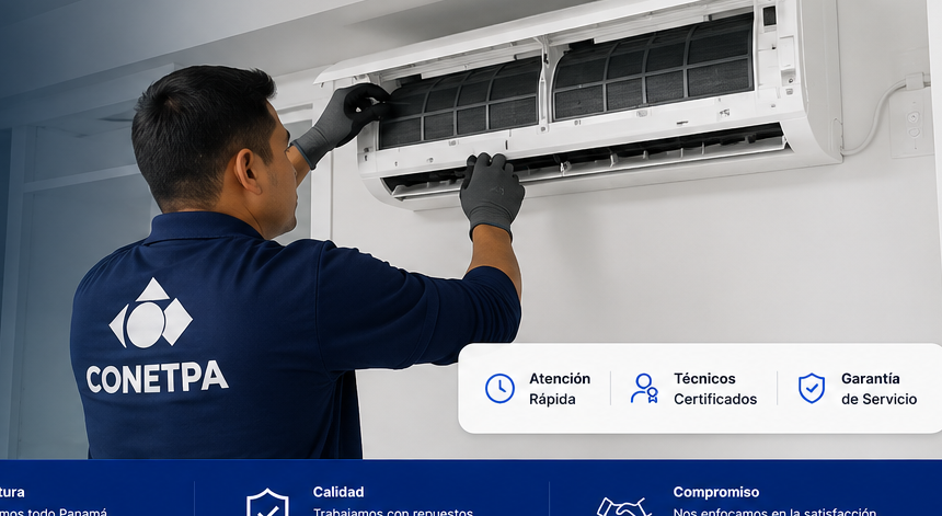 Técnico CONETPA realizando mantenimiento de aire acondicionado
